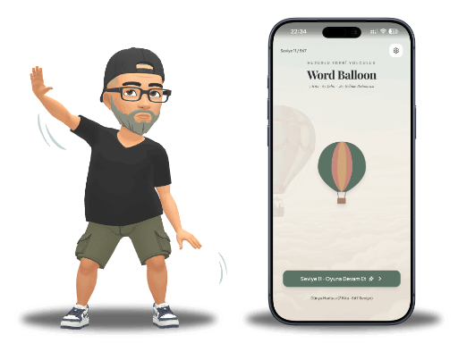 Word Balloon kelime bulma oyunu uygulaması mockup ekranı